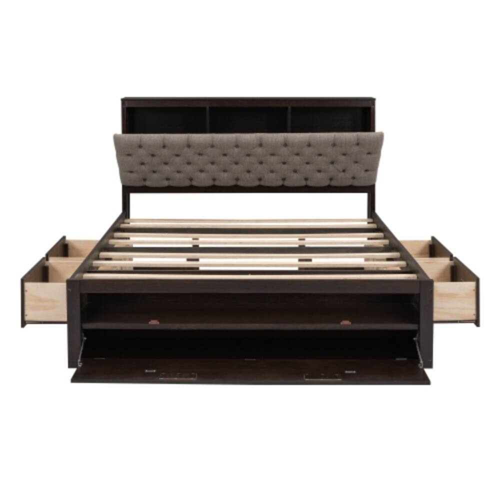 Back. LUCKY ONE - Queen Size Wood Platform Bed with Storage Headboard, 4 Drawers, Shoe Rack, Wood Slats, No Box Spring Needed - Espresso.