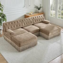 Anysun - U-Shape Velvet Chesterfield Sofa - Tassel Skirt, Button Tufted, Modular Design, Ergonomic for Living Room & Bedroom - Camel