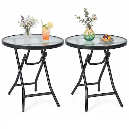 Front. Costway - Costway 2 PCS Patio Side Table, Round Bistro Table with Tempered Glass Tabletop for Outdoor - Black.