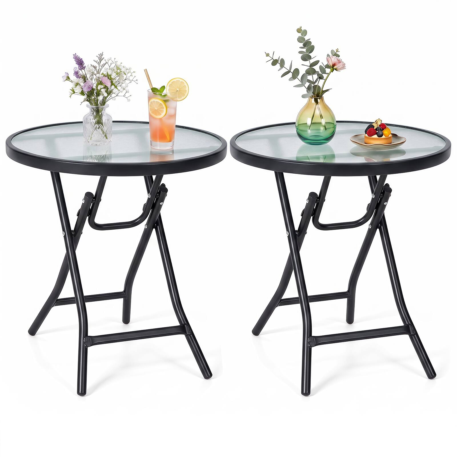 Front. Costway - Costway 2 PCS Patio Side Table, Round Bistro Table with Tempered Glass Tabletop for Outdoor - Black.