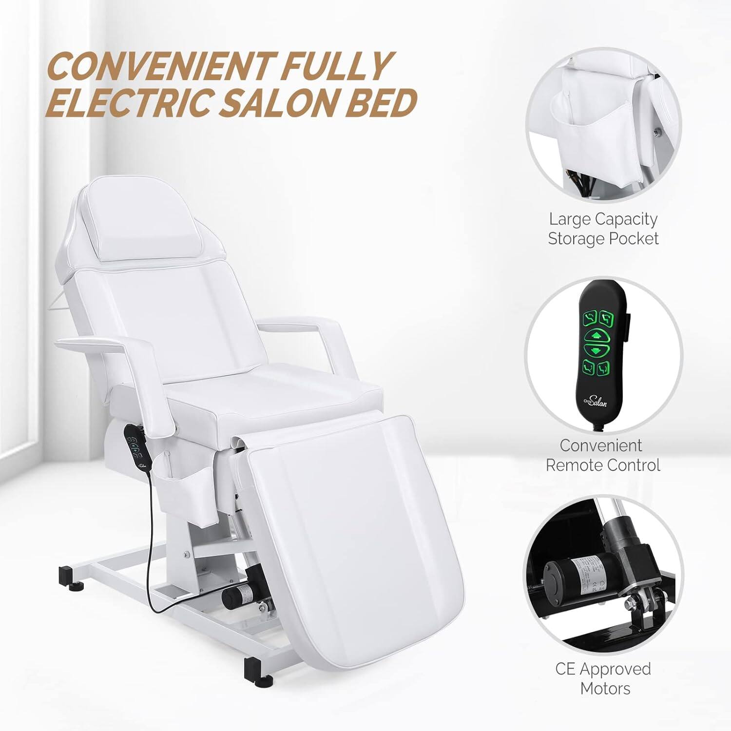 CONVENIENT FULLY ELECTRIC SALON BED

- Large Capacity Storage Pocket
- Convenient Remote Control
- CE Approved Motors