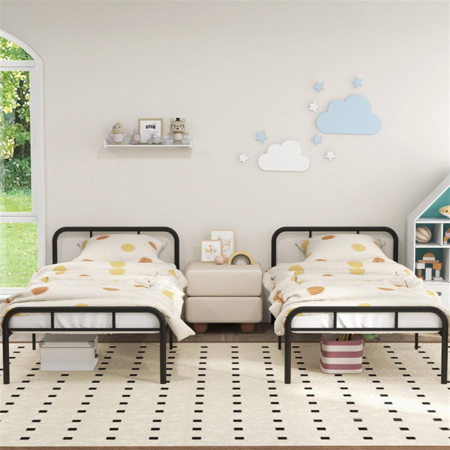 Angle. Pefilos - Modern Metal Bed Frame with Curved Headboard and Footboard, Metal Platform Bed Frame, Under Bed Storage, Metal Slats - Black.