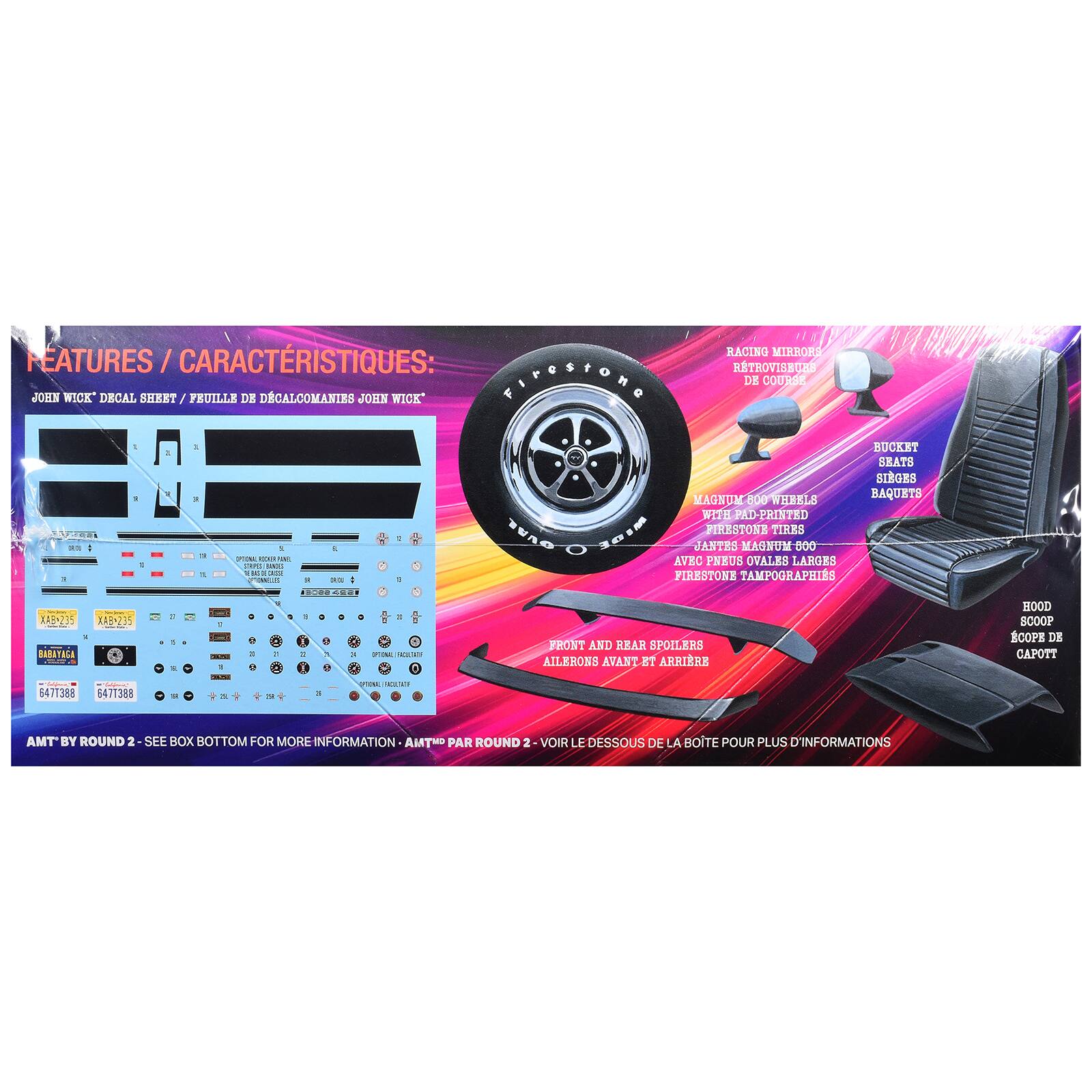 FEATURES / CARACTERISTIQUES:  
JOHN WICK DECAL SHEET / FEUILLE DE DECALCOMANIES JOHN WICK  

- RACING MIRRORS DE COURSE  
- BUCKET SEATS 8XDEI8 MAGNUM 800 EBELS BAQUETS  
- RETROVISEURS DE COURSE  
- 500 AVEC PNEUS OVALES LARGES FIRESTONE TAMPOGRAPHIES  
- FRONT AND REAR SPOILERS AILERONS AVANT ET ARRIERE  
- HOOD SCOOP COUPE DE CAPOTT  

AMT BY ROUND 2 - SEE BOX BOTTOM FOR MORE INFORMATION - AMT PAR ROUND 2 - VOIR LE DESSOUS DE LA BOITE POUR PLUS D'INFORMATIONS