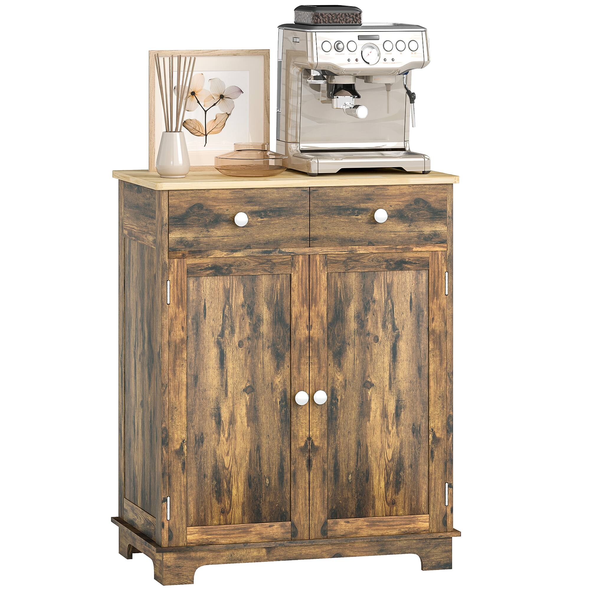 Front. Homcom - Sideboard with Solid Wood Countertop, Modern Kitchen Storage Cabinet, Coffee Bar Cabinet with 2 Drawers - Rustic Brown.
