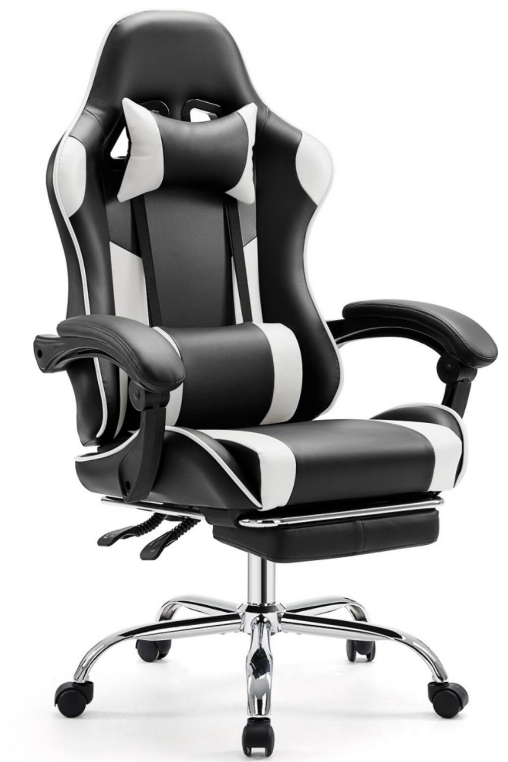 Bestier - Gaming Chair - PU Leather Fixed up Armrest Lumbar Support Ergonomic Reclining PC Chair With Rocking Mode & Footrest - White