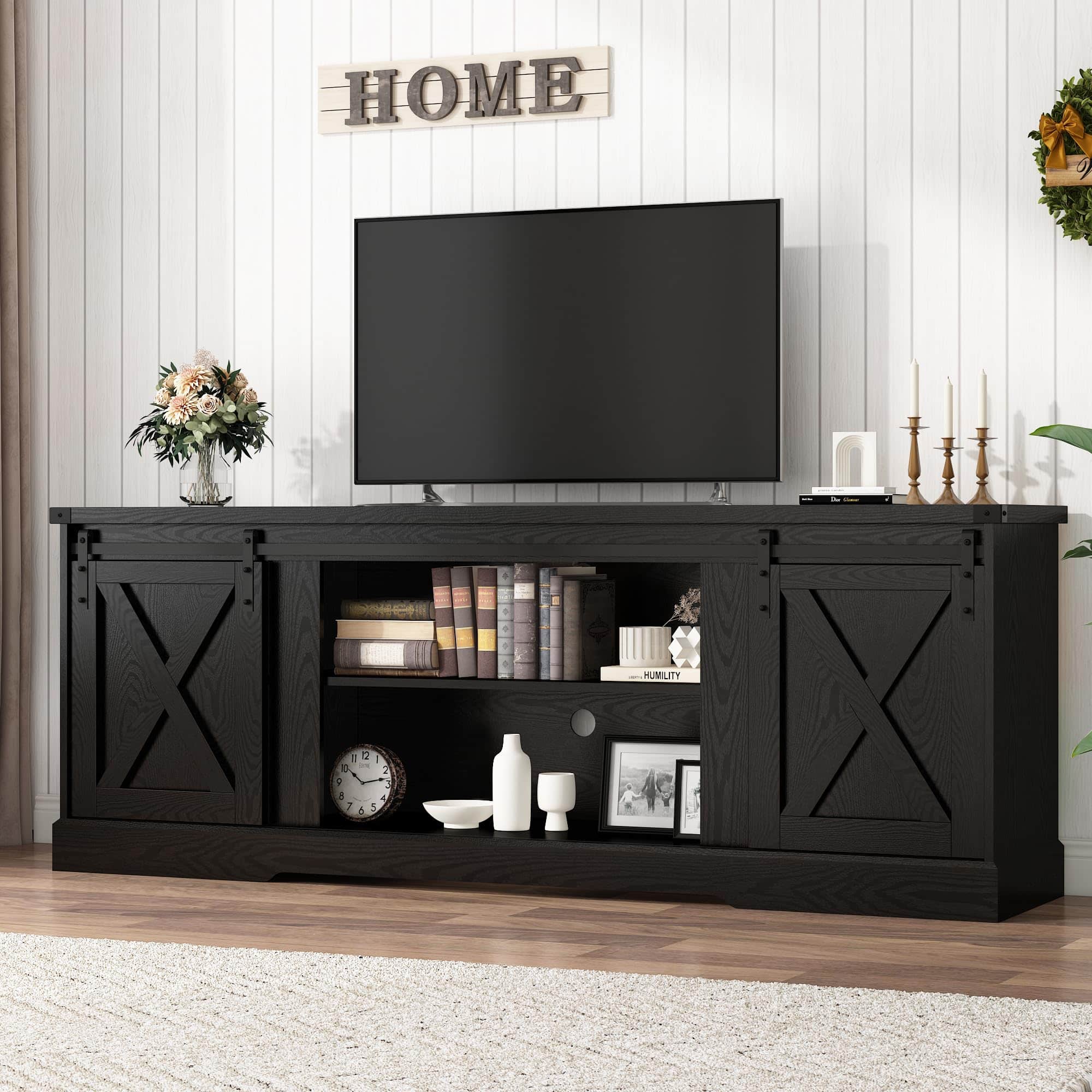 Espafurni - 70 inch Farmhouse TV Stand with Sliding Barn Doors, Fits 65-80" TVs - Black