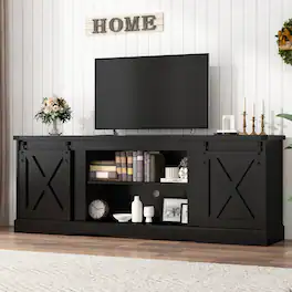 Espafurni - 70 inch Farmhouse TV Stand with Sliding Barn Doors, Fits 65-80" TVs - Black