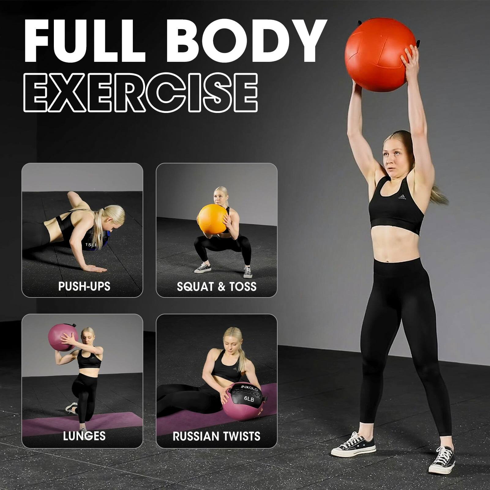 FULL BODY EXERCISE

- PUSH-UPS
- SQUAT & TOSS
- LUNGES
- RUSSIAN TWISTS