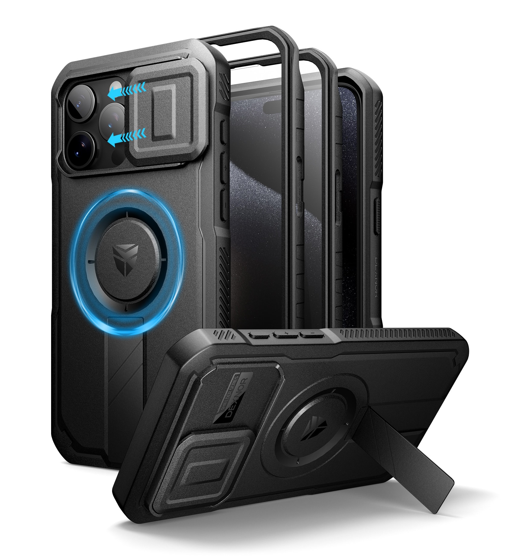 Front. dexnor - Dexnor iPhone 15 Pro Max Case with Slide Camera Cover & Adjustable Kickstand & Built-in Screen Protector,Black - Black.