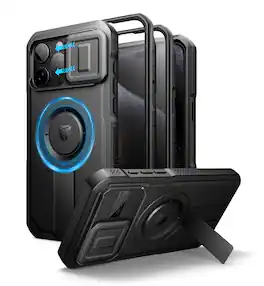 dexnor - iPhone 15 Pro Max Case with Slide Camera Cover & Adjustable Kickstand & Built-in Screen Protector - Black