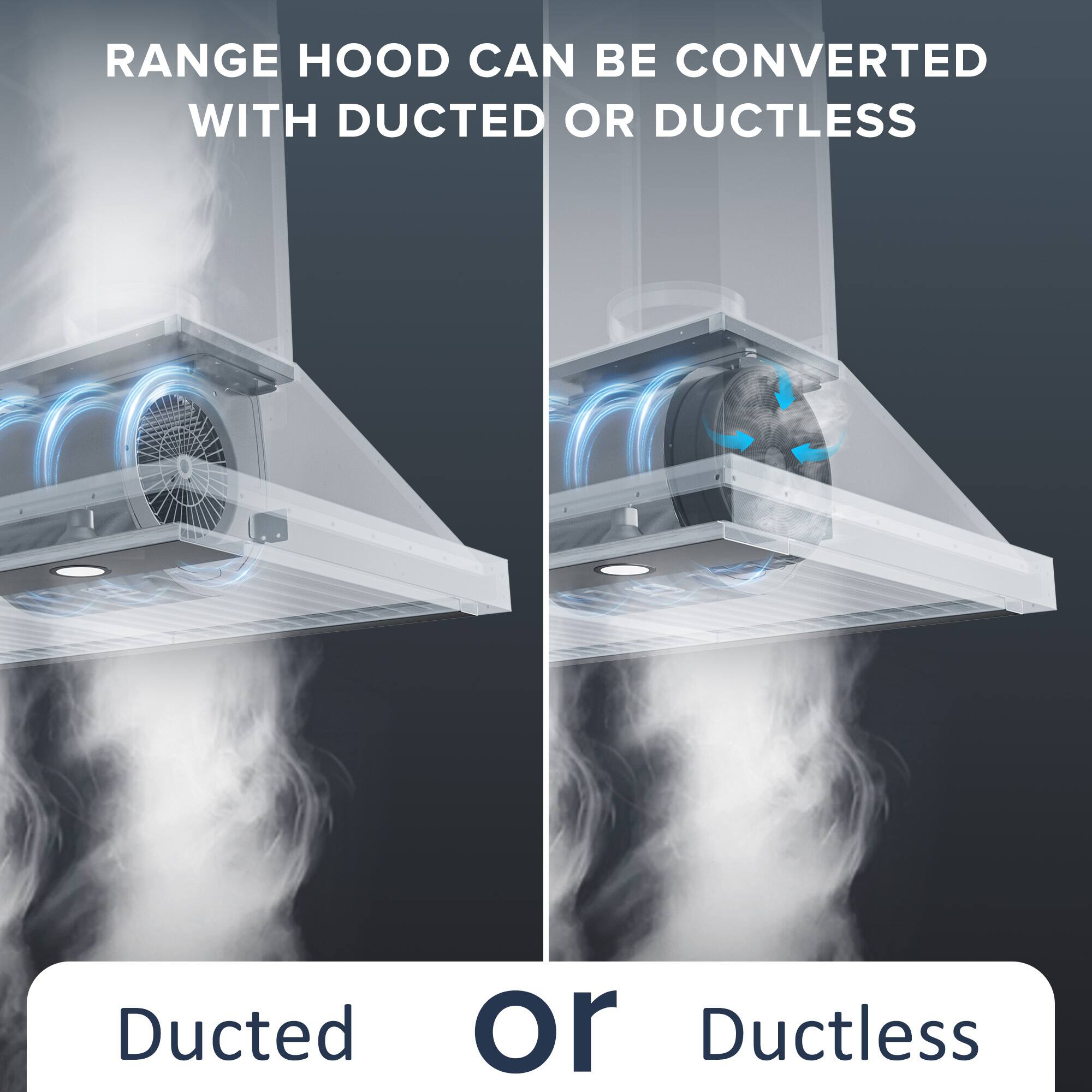 RANGE HOOD CAN BE CONVERTED WITH DUCTED OR DUCTLESS

Ducted or Ductless