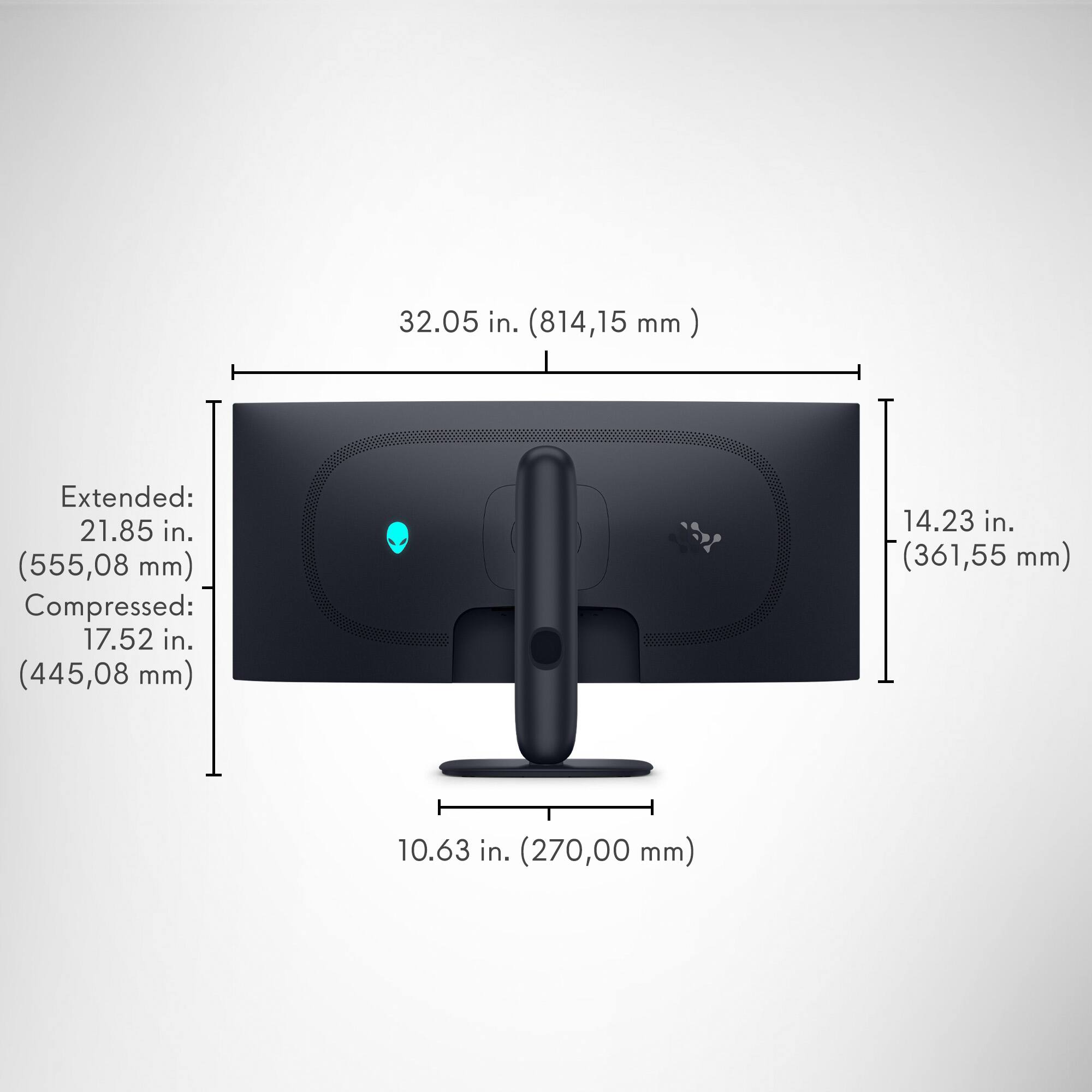 32.05 in. (814,15 mm)  
Extended: 21.85 in. (555,08 mm)  
Compressed: 17.52 in. (445,08 mm)  
14.23 in. (361,55 mm)  
10.63 in. (270,00 mm)