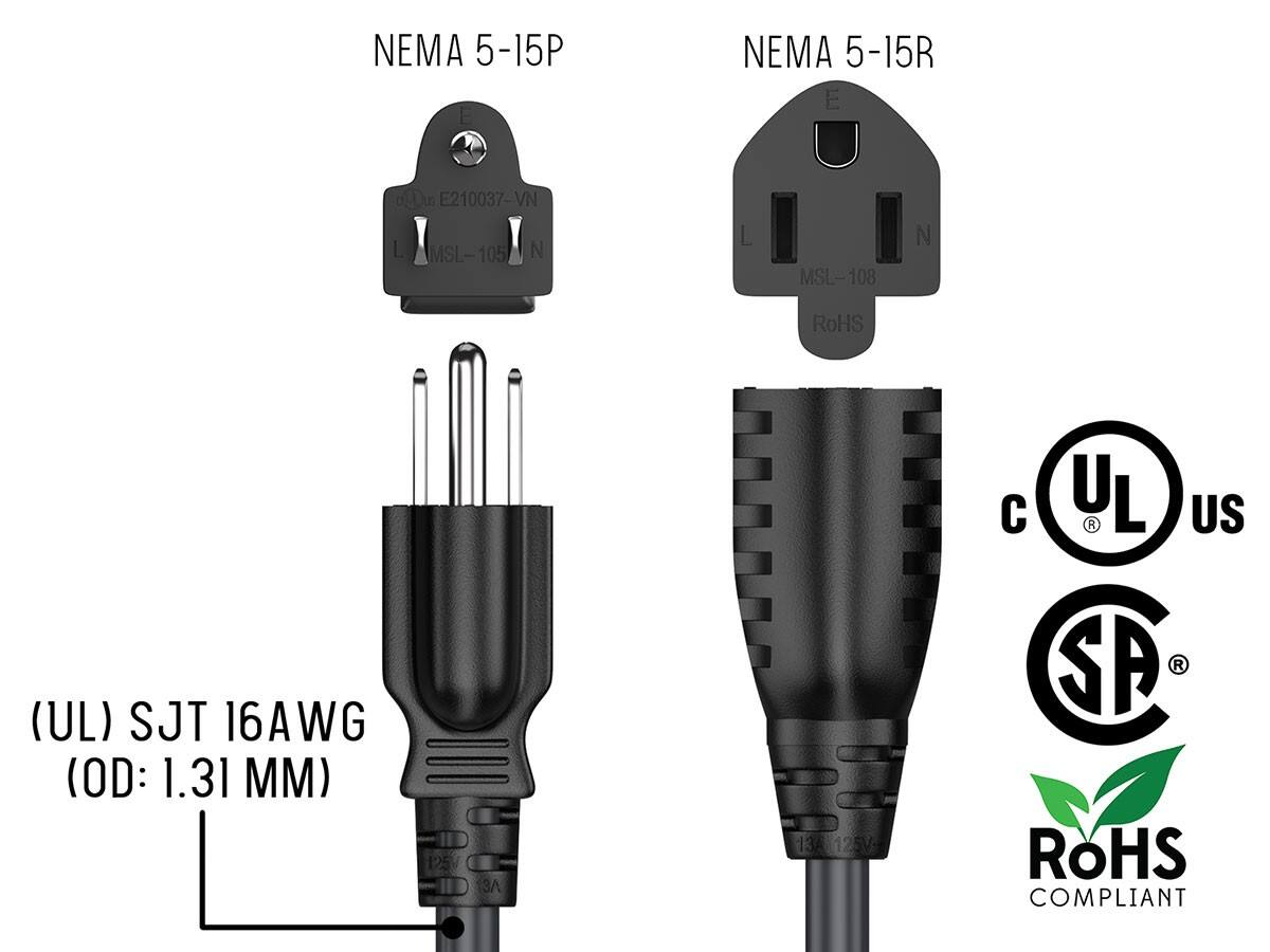 NEMA 5-15P  
NEMA 5-15R  
E210037-VN  
MSL-105  
MSL 105  
MSL-108  
RoHS (UL)  
SJT 16AWG (OD: 1.31 MM)  
125°C  
UL  
US  
SA  
ROHS COMPLIANT