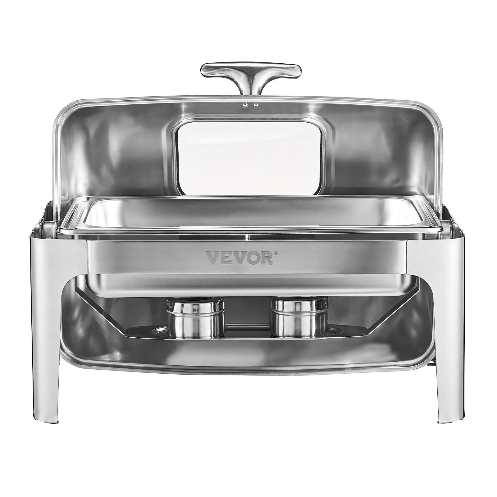 Alt View 5. VEVOR - Roll Top Chafing Dish Buffet Set, 9 Qt 1 Pack Stainless Steel Chafer with 2 Half Size Pans, Rectangle Warmer Server - Silver.