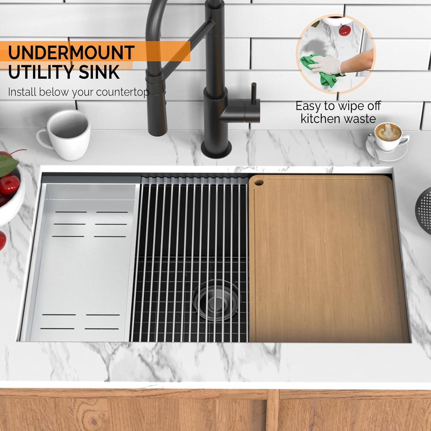 UNDERMOUNT UTILITY SINK  
Install below your countertop  
Easy to wipe off kitchen waste