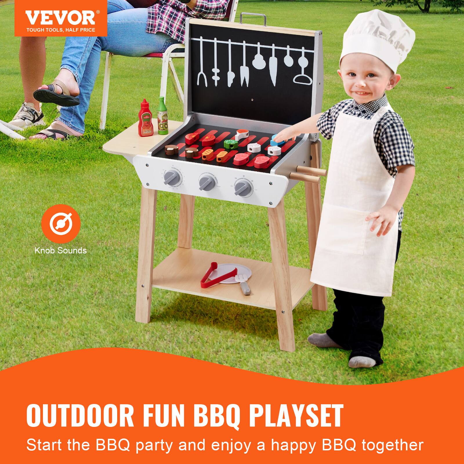 VEVOR  
TOUGH TOOLS, HALF PRICE  

OUTDOOR FUN BBQ PLAYSET  
Start the BBQ party and enjoy a happy BBQ together  

Knob Sounds