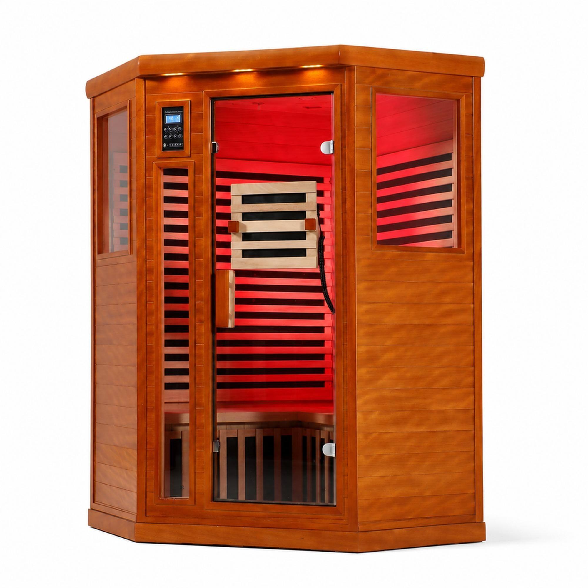 Front. RYHNUYNE - Two-Person Far Infrared Corner Sauna, Low EMF, Okoume Wood, LCD Touch Control, 2190W - Natural.
