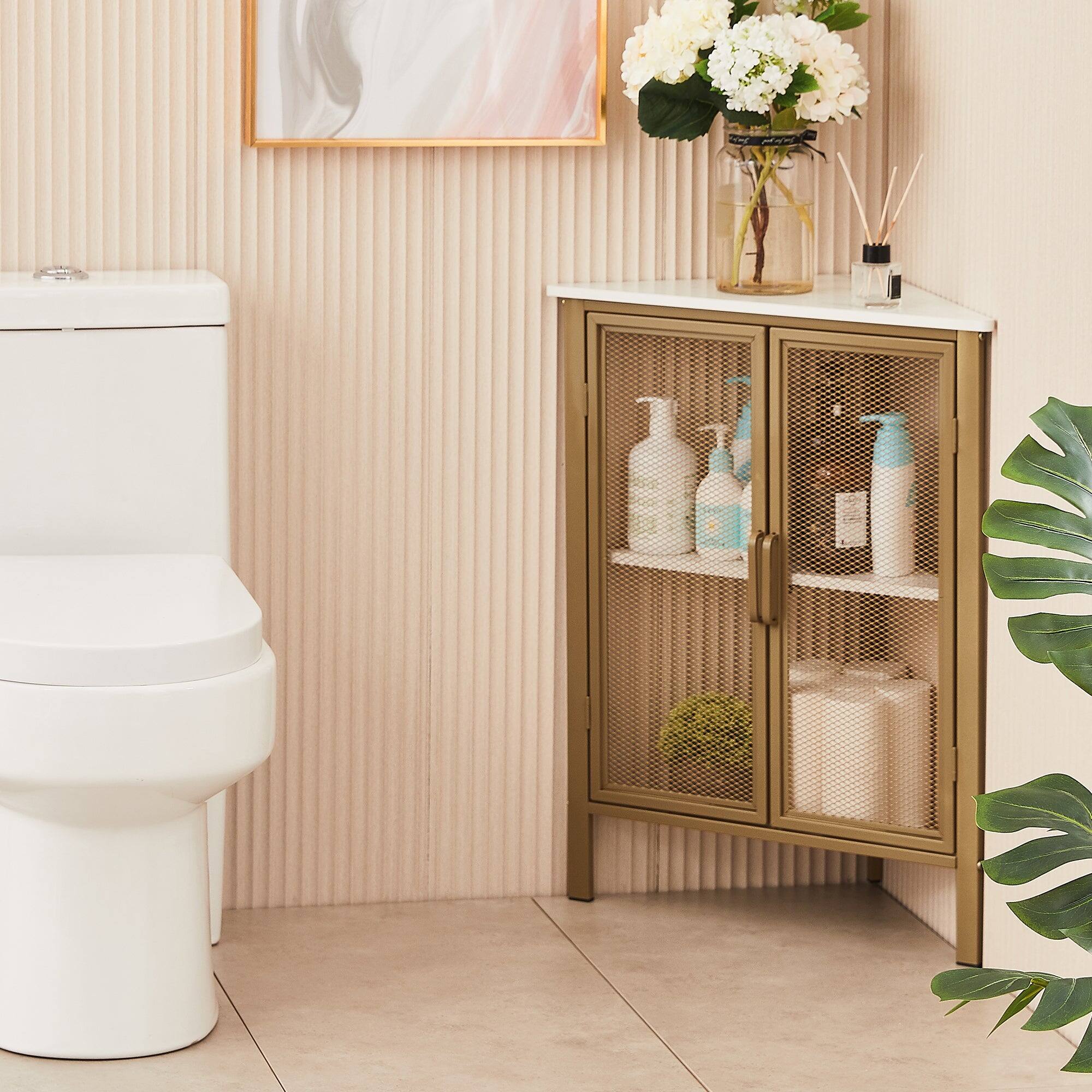 Alt View 1. Vecelo - Triangle Corner Storage Cabinet with Doors, Small Corner Cabinet with Shelves for Bathroom,Entryway - Gold.