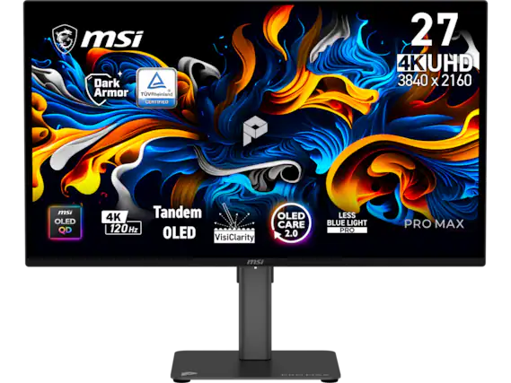 msi Dark Armor TÜV Rheinland CERTIFIED 27 4K UHD 3840 x 2160 msi OLED QD 4K Tandem 120 Hz OLED VisiClarity OLED CARE 2.0 LESS BLUE LIGHT PRO PRO MAX