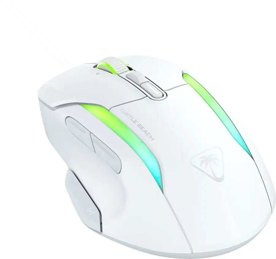 Turtle Beach is a company that specializes in gaming accessories, including gaming mice. The image shows a white Turtle Beach gaming mouse with a green and blue light on it. The mouse has a sleek design and is likely intended for use with a computer or gaming console.