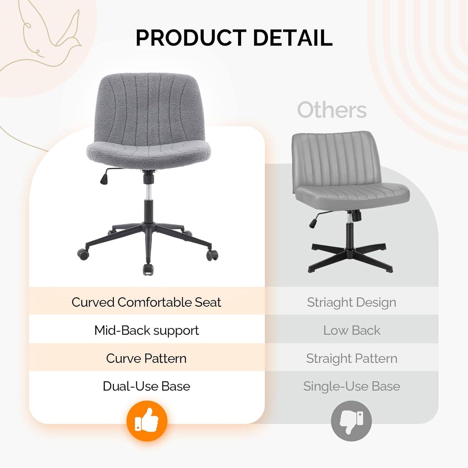 PRODUCT DETAIL

Others

Curved Comfortable Seat
Mid-Back support
Curve Pattern
Dual-Use Base

Straight Design
Low Back
Straight Pattern
Single-Use Base