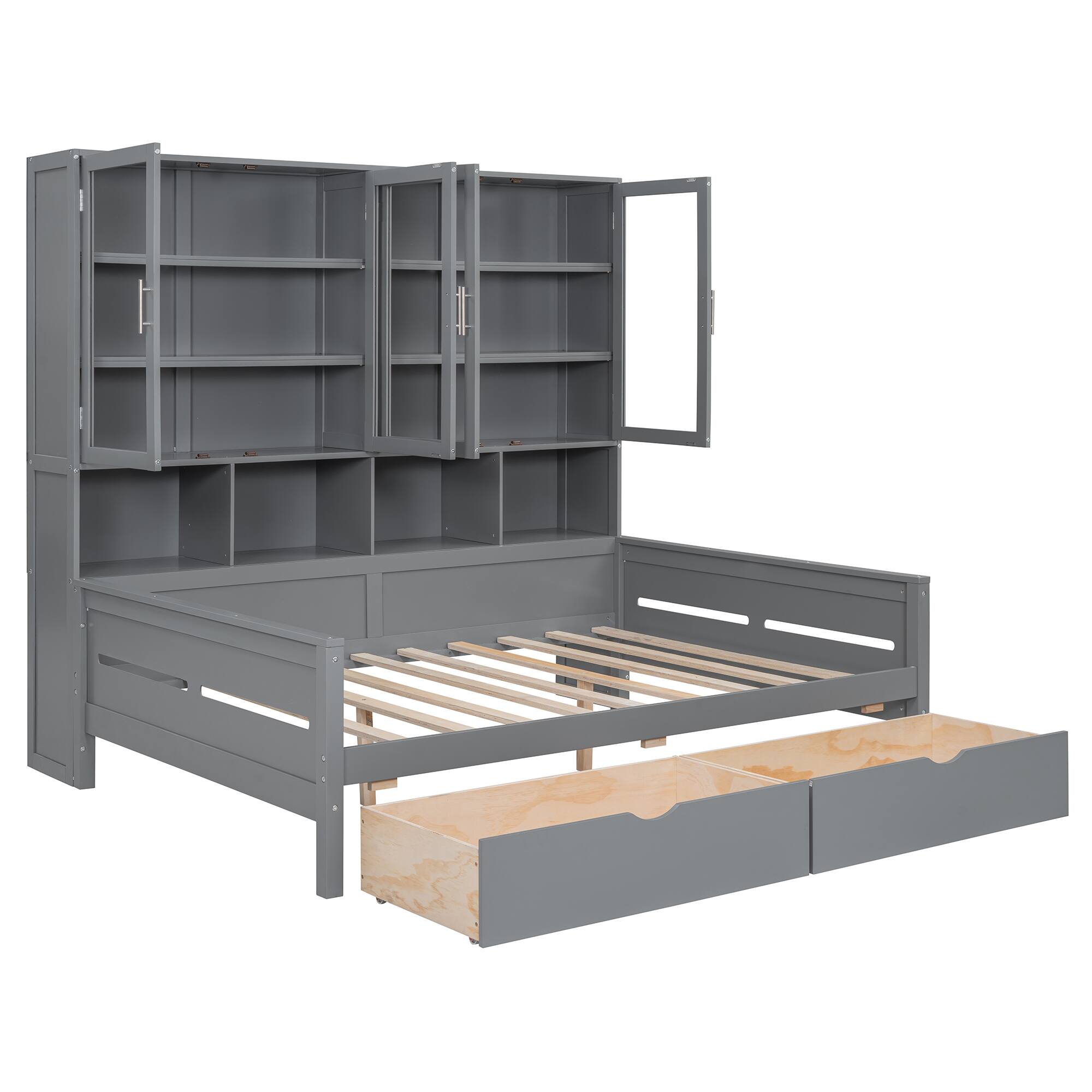 Alt View 9. Tiramisubest - Full Size Wooden Daybed with Glass-Door Storage Cabinets, Built-in LED Lighting and Shelves, Gray - Gray.