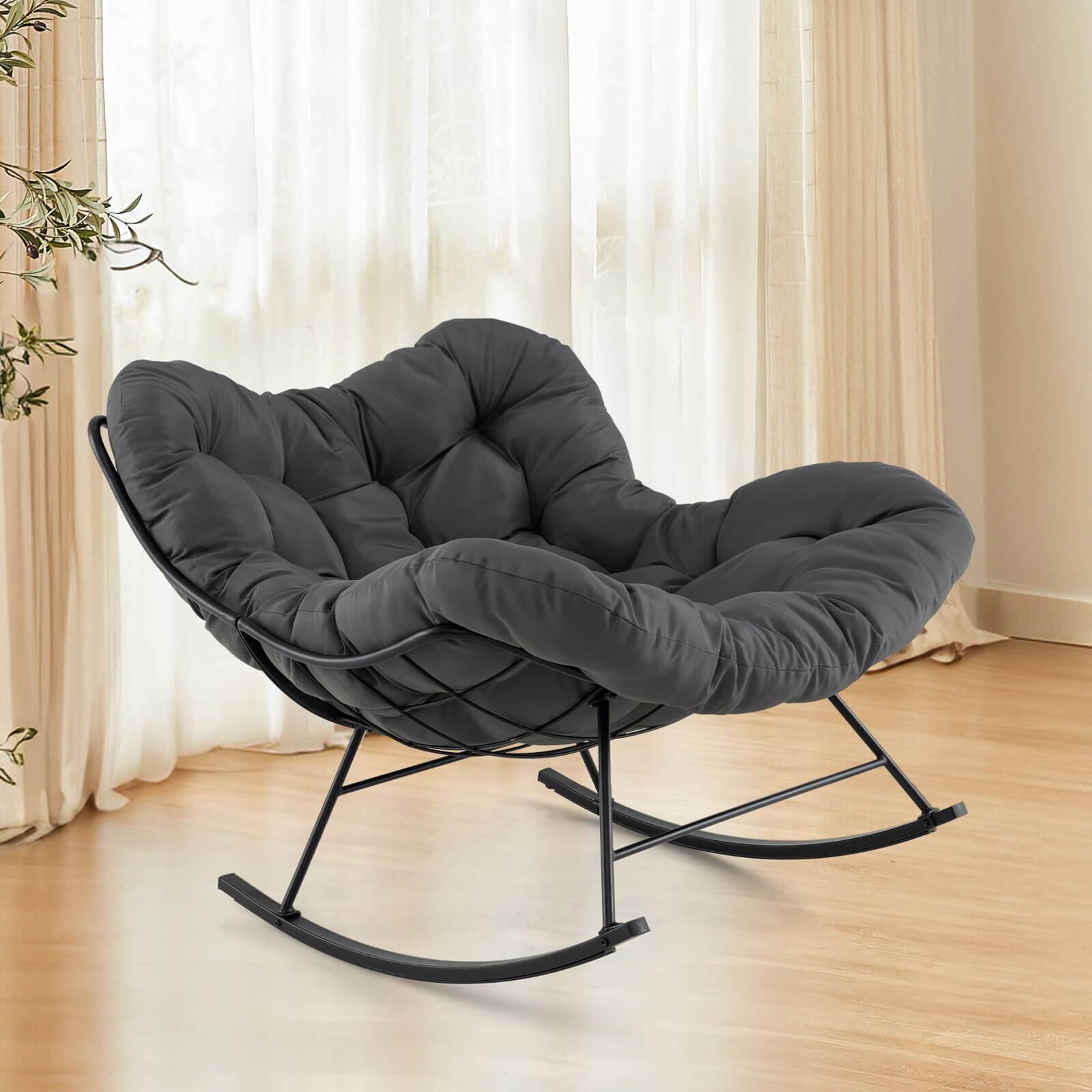 Alt View 5. Costway - Costway Indoor Outdoor Rocking Chair, Oversized Egg Papasan Chair with Padded Cushion - Black.