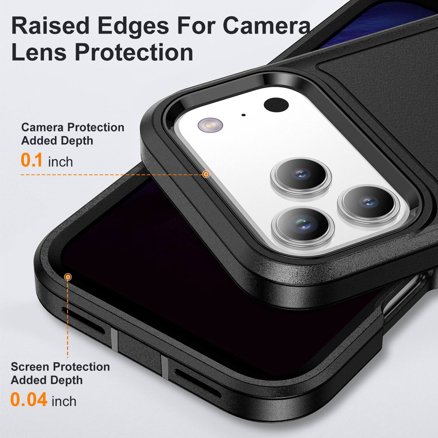Raised Edges For Camera Lens Protection

Camera Protection Added Depth 0.1 inch

Screen Protection Added Depth 0.04 inch