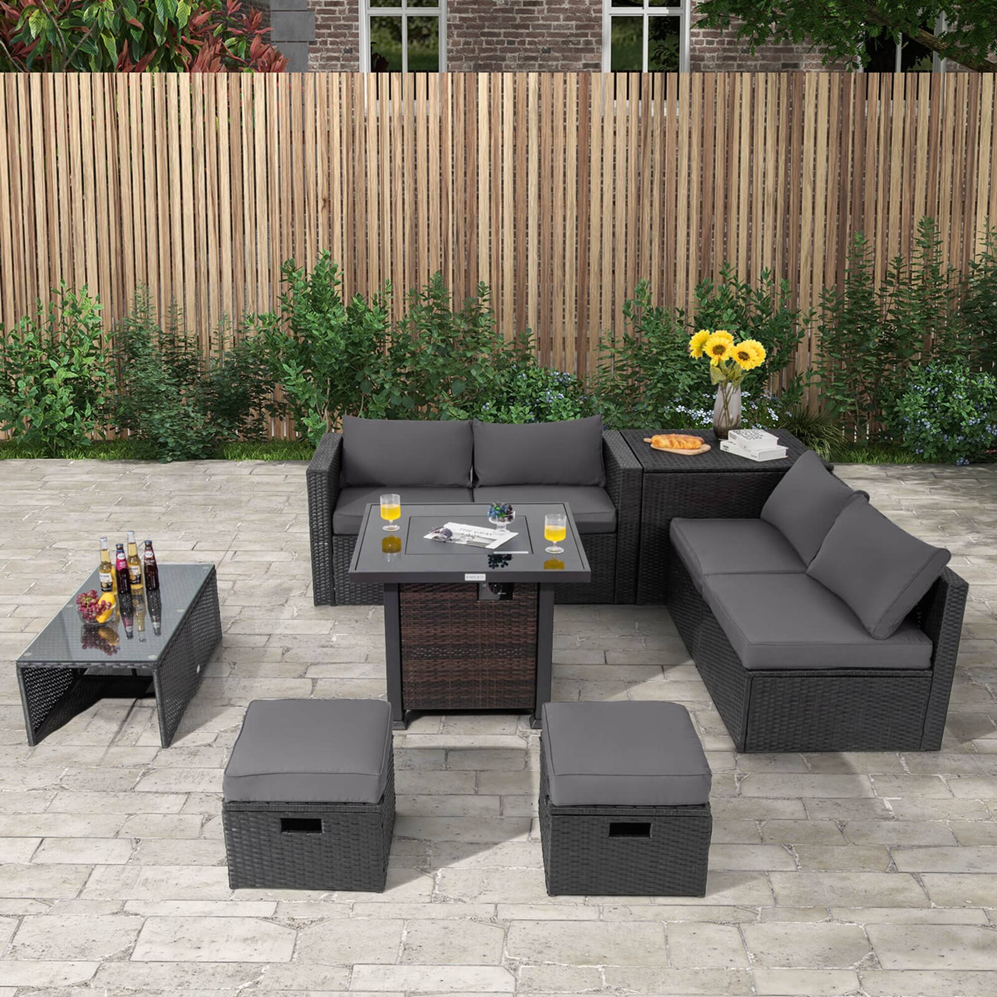 Alt View 4. Costway - 9 PCS Patio Furniture Set with 32" Fire Pit Table 50,000 BTU Square Propane Fire Pit - Grey.