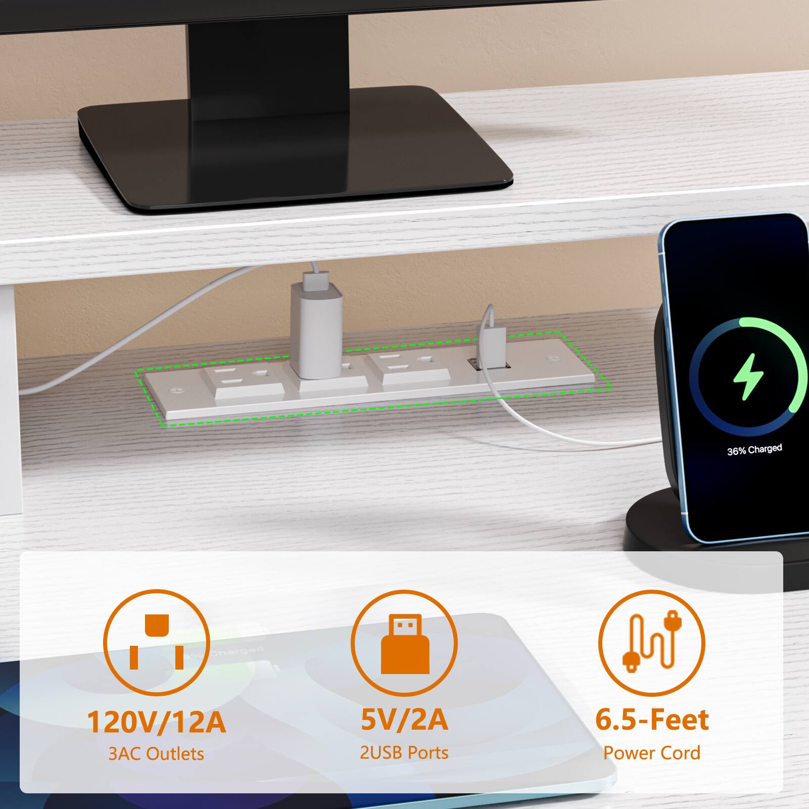 36% Charged  
120V/12A  
3 AC Outlets  
5V/2A  
2 USB Ports  
6.5-Feet Power Cord