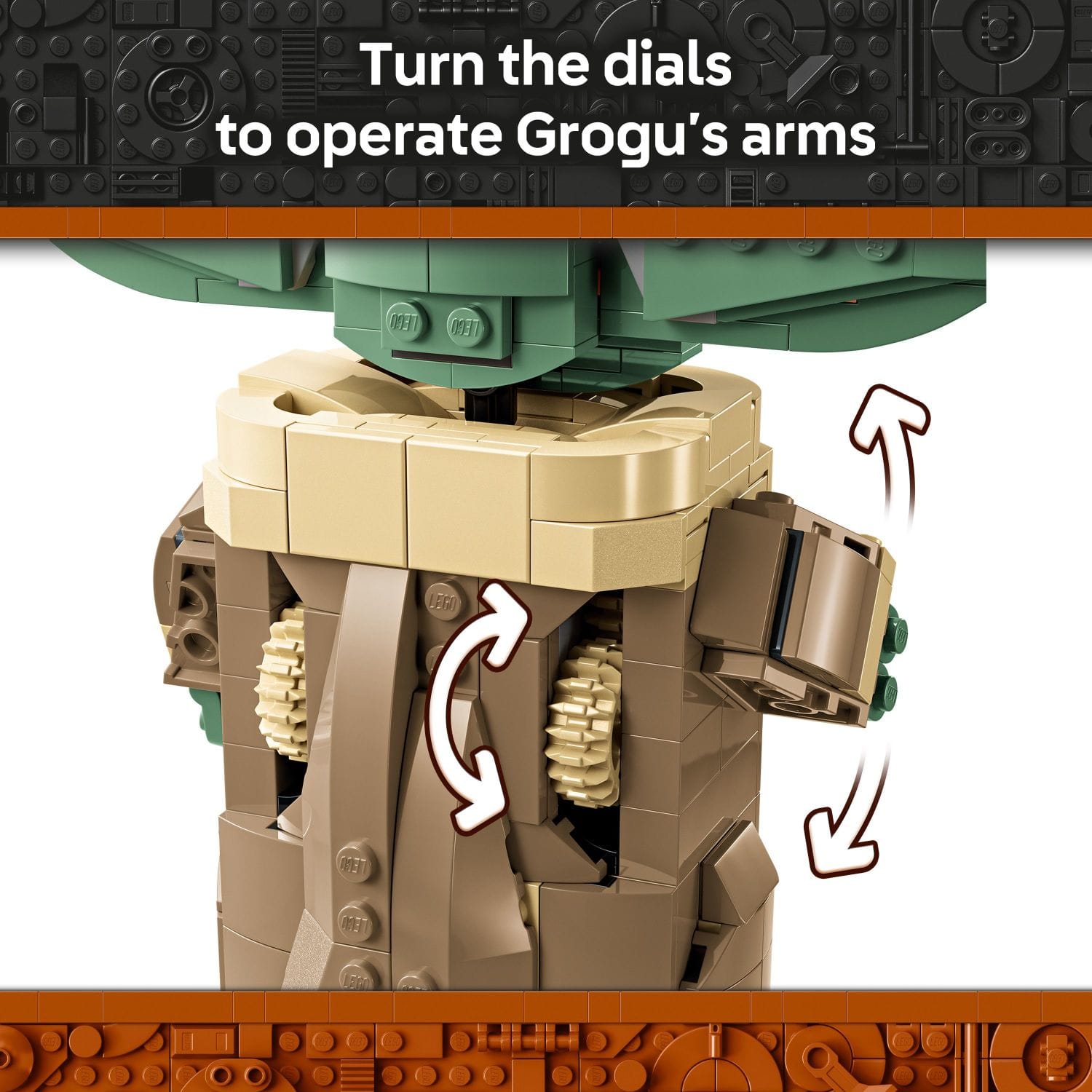 Turn the dials to operate Grogu's arms.