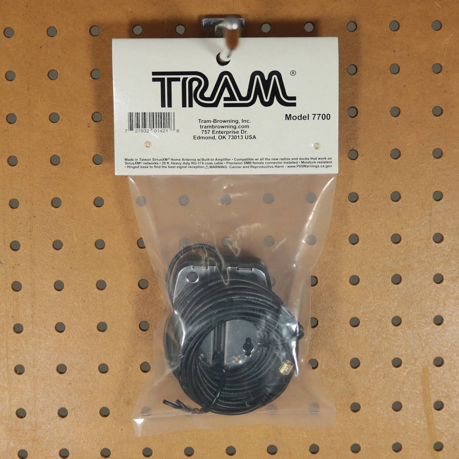 TRAM  
Model 7700  
Tram-Browning, Inc.  
trambrowning.com  
27932 01421  
757 Enterprise Dr.  
Edmond, OK 73013 USA  

Made in Taiwan  
SiriusXM Home Antenna w/ Built-in Amplifier  
- Hinged base to find the best signal reception  
- WARNING: Cancer and Reproductive Harm - www.P65Warnings.ca.gov  

Compatible with all new radios and docks that work on SiriusXM  
Installed - Moisture resistant  
Heavy duty OE - Hinged base - find the best signal reception  

www.P65Warnings.ca.gov