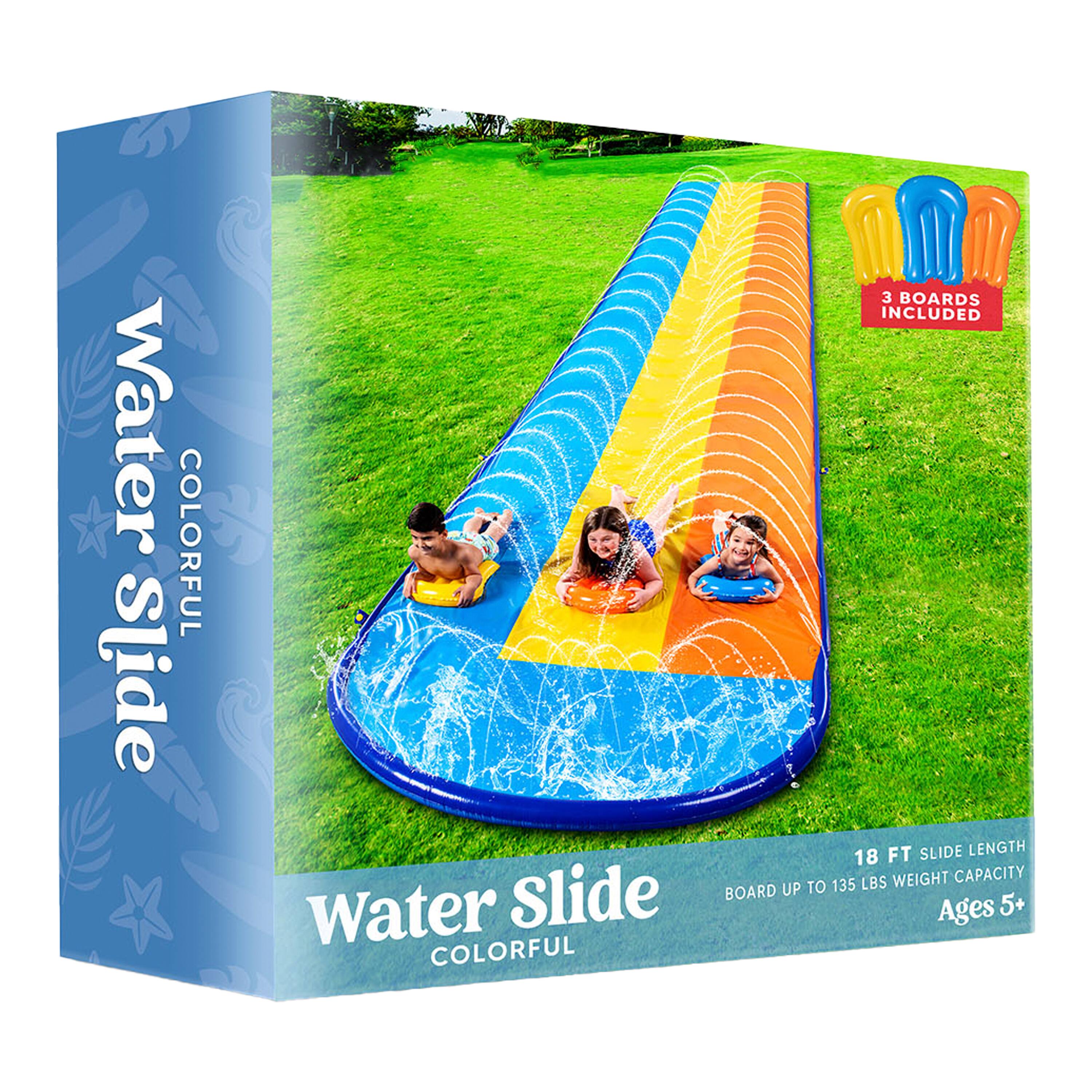 Water Slide  
Colorful  
3 Boards Included  
18 FT Slide Length  
Board Up to 135 LBS Weight Capacity  
Ages 5+