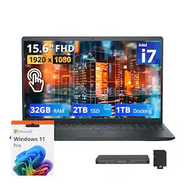 Dell - Upgraded - 15.6" FHD Touchscreen Laptop, Intel Core i7 1355U, 32GB DDR5, 2TB SSD+1TB Docking Set, Wi-Fi 6, Win 11 Pro - Black