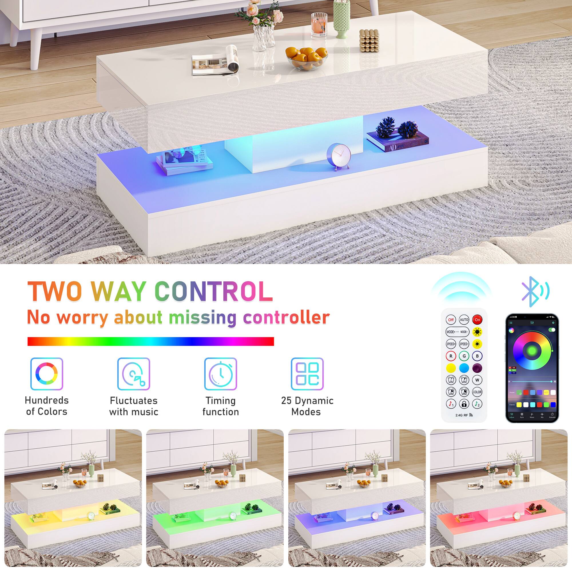 TWO WAY CONTROL  
No worry about missing controller  

- Hundreds of Colors  
- Fluctuates with music  
- Timing function  
- 25 Dynamic Modes
