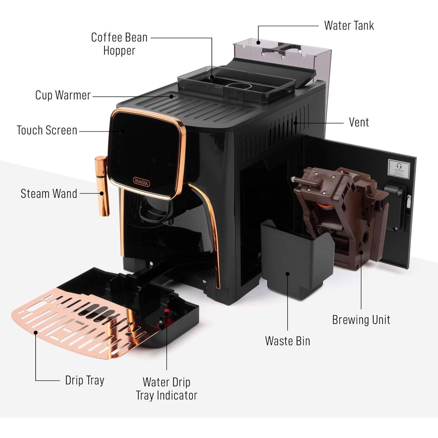 Coffee Bean Hopper, Water Tank, Cup Warmer, Touch Screen, Vent, Steam Wand, Waste Bin, Brewing Unit, Drip Tray, Water Drip Tray Indicator