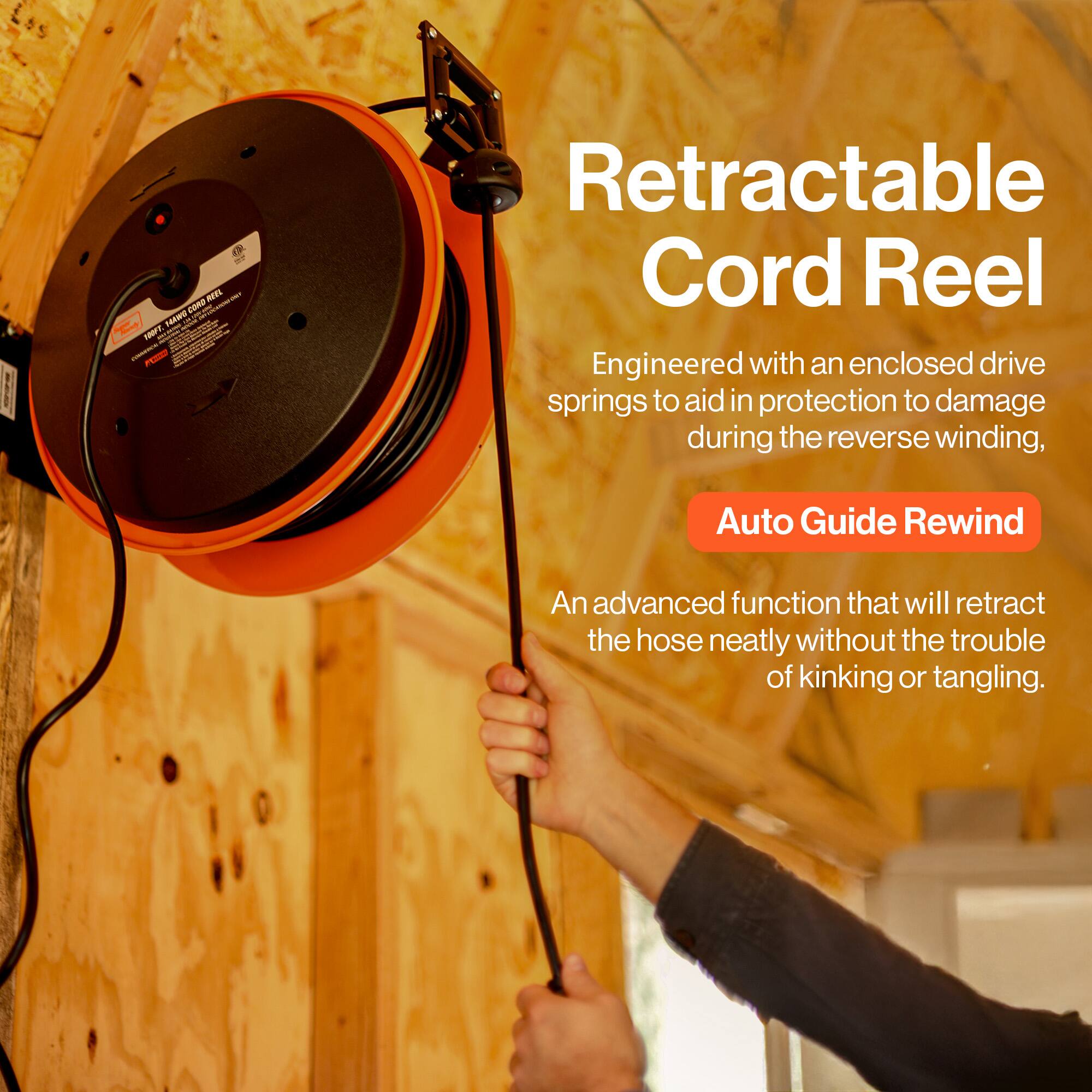 Retractable Cord Reel

Engineered with an enclosed drive springs to aid in protection to damage during the reverse winding,

Auto Guide Rewind

An advanced function that will retract the hose neatly without the trouble of kinking or tangling.