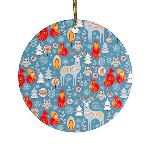 Front. OrnamentallyYou - Scandinavian Folk Forest Animal Pattern Christmas Ornament Deer Fox and Owl - Multi-colored.