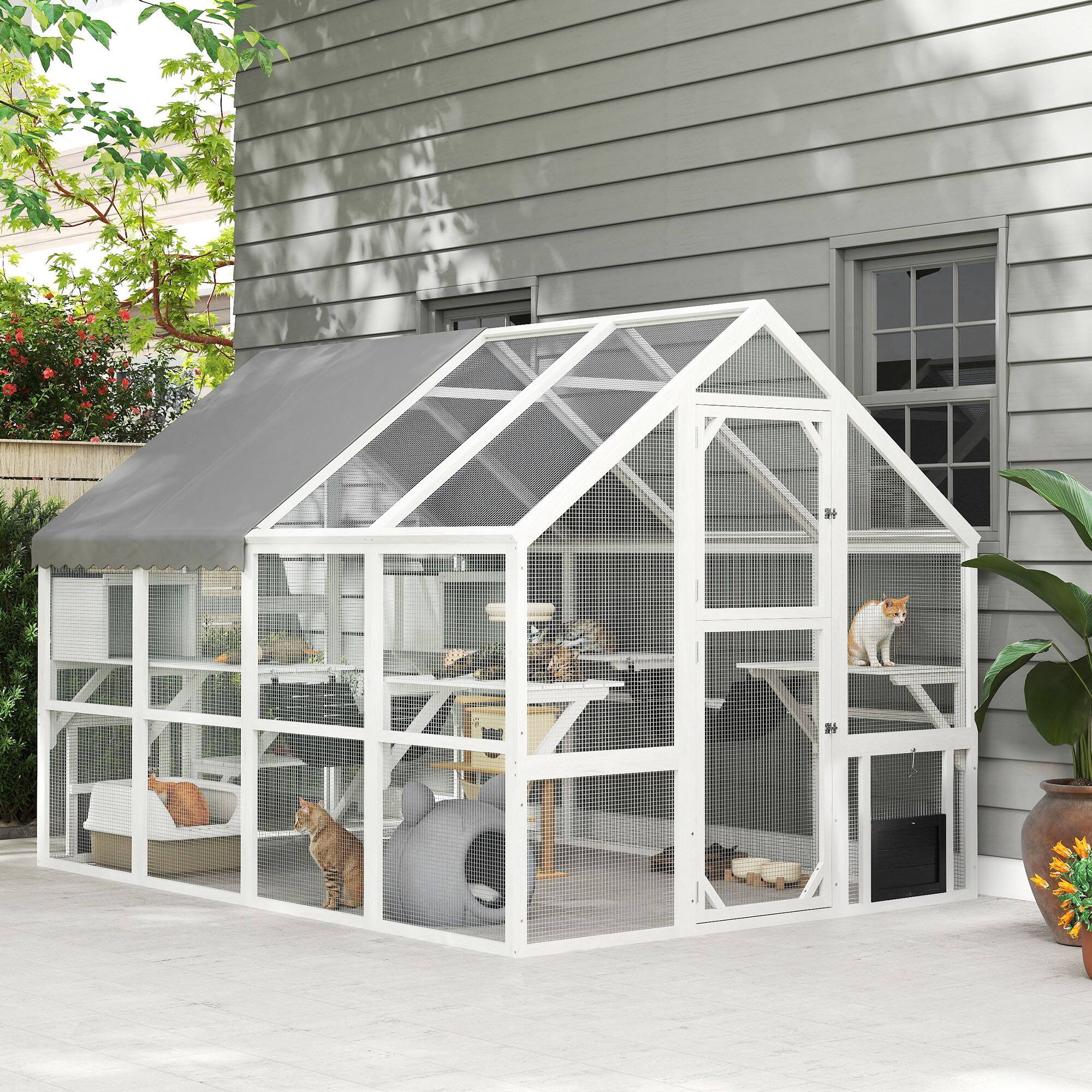 Alt View 1. Pawhut - Catio Outdoor Cat Enclosure with Waterproof Cover, 2 Condos, 6 Platforms, Bridge.