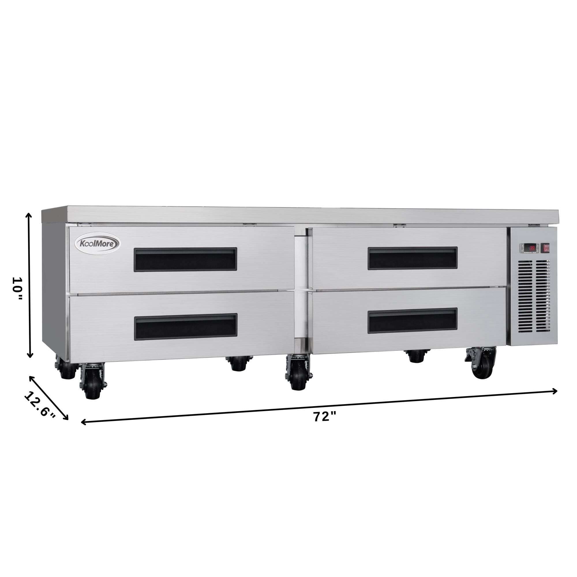 The text on the image reads "KoolMore 10" 12.6" 72". This information suggests that the appliance is a KoolMore brand, with a size of 10 inches in width, 12.6 inches in height, and 72 inches in length.