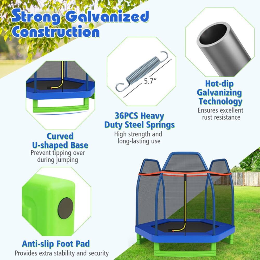 Strong Galvanized Construction  
Curved U-shaped Base  
Prevent tipping over during jumping  

36PCS Heavy Duty Steel Springs  
High strength and long-lasting use  

Hot-dip Galvanizing Technology  
Ensures excellent rust resistance  

Anti-slip Foot Pad  
Provides extra stability and security