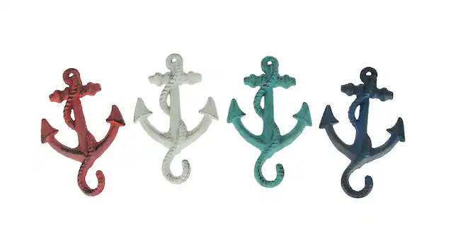Front. J.D. Yeatts - Set of 4 Cast Iron Ship Anchor Coat Hooks Decorative Hanger Coastal Wall Decor - Multicolored.