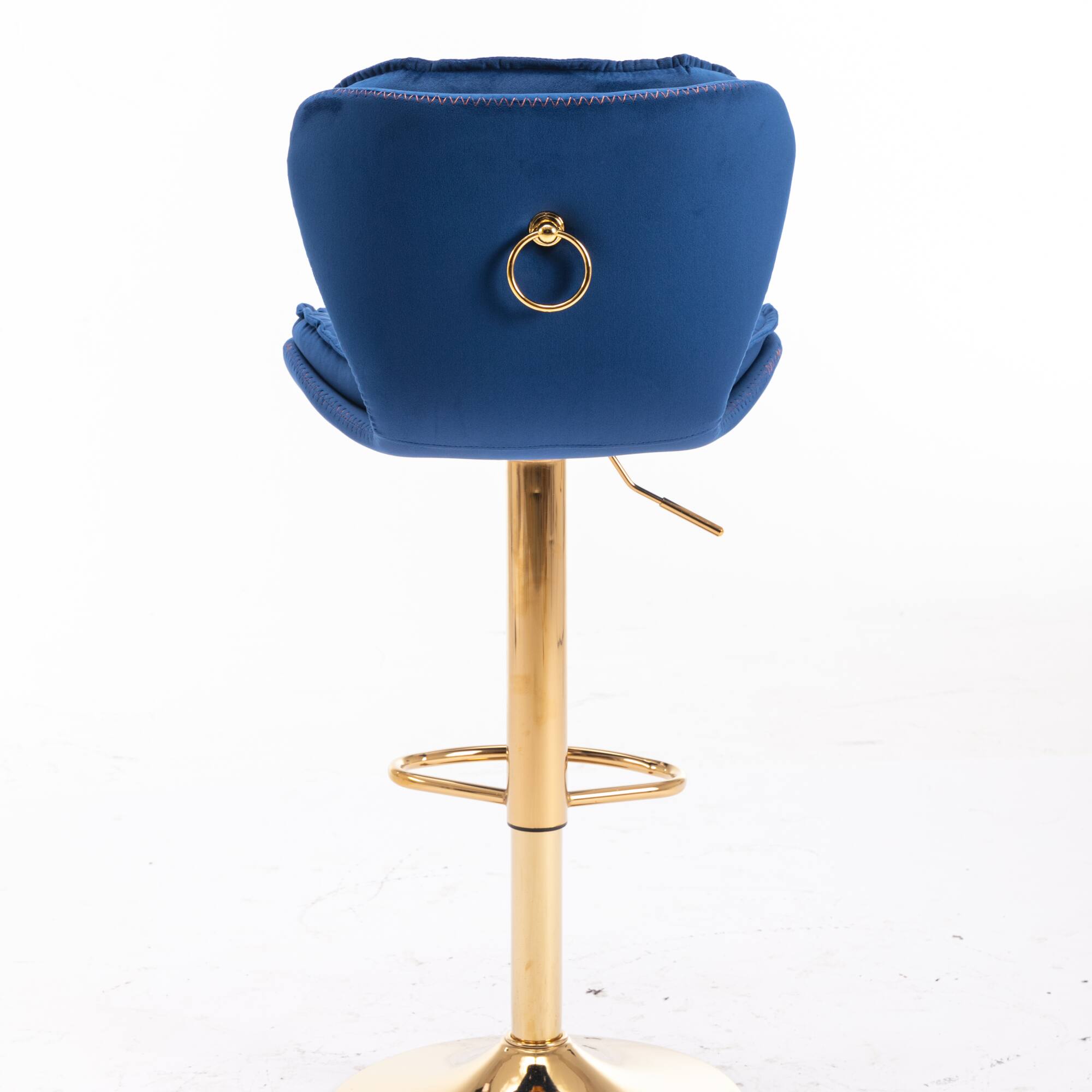 Angle. GOODSILO - Set of 2 Adjustable Swivel Bar Stools with Chrome Footrest and Velvet Upholstery - Navy Blue.