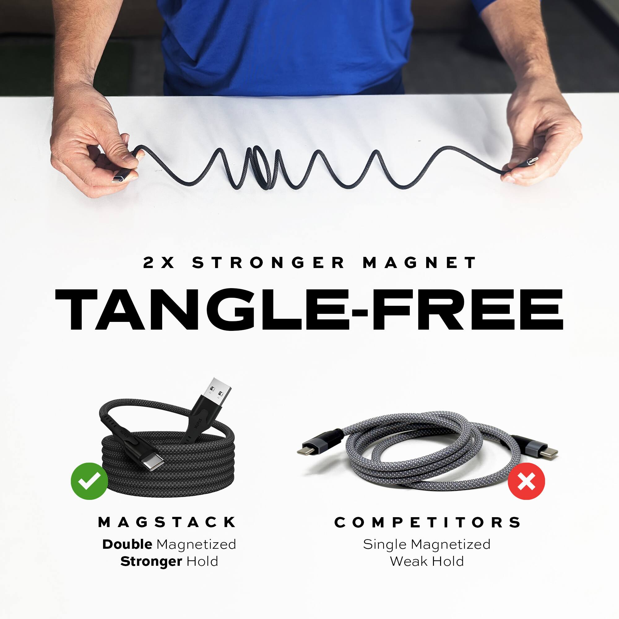 2X Stronger Magnet Tangle-Free: A double magnetized stronger hold.
MagStack: A double magnetized stronger hold.
Competitors: A single magnetized weak hold.