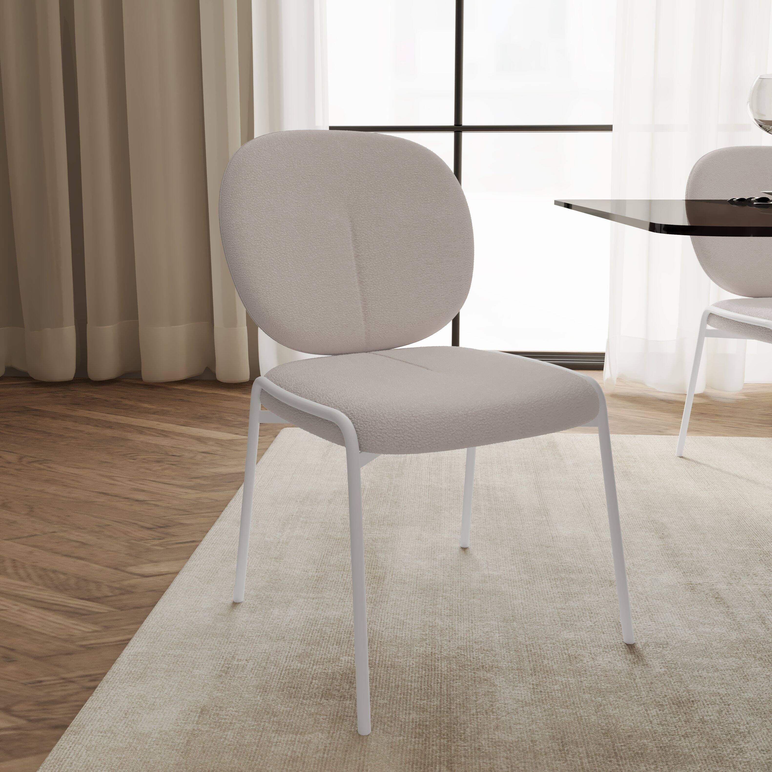 Angle. LeisureMod - Celestial Luxury Boucle Dining Chair, Modern Curved Back Accent Side Chair - Textured Teddy Fabric - White.
