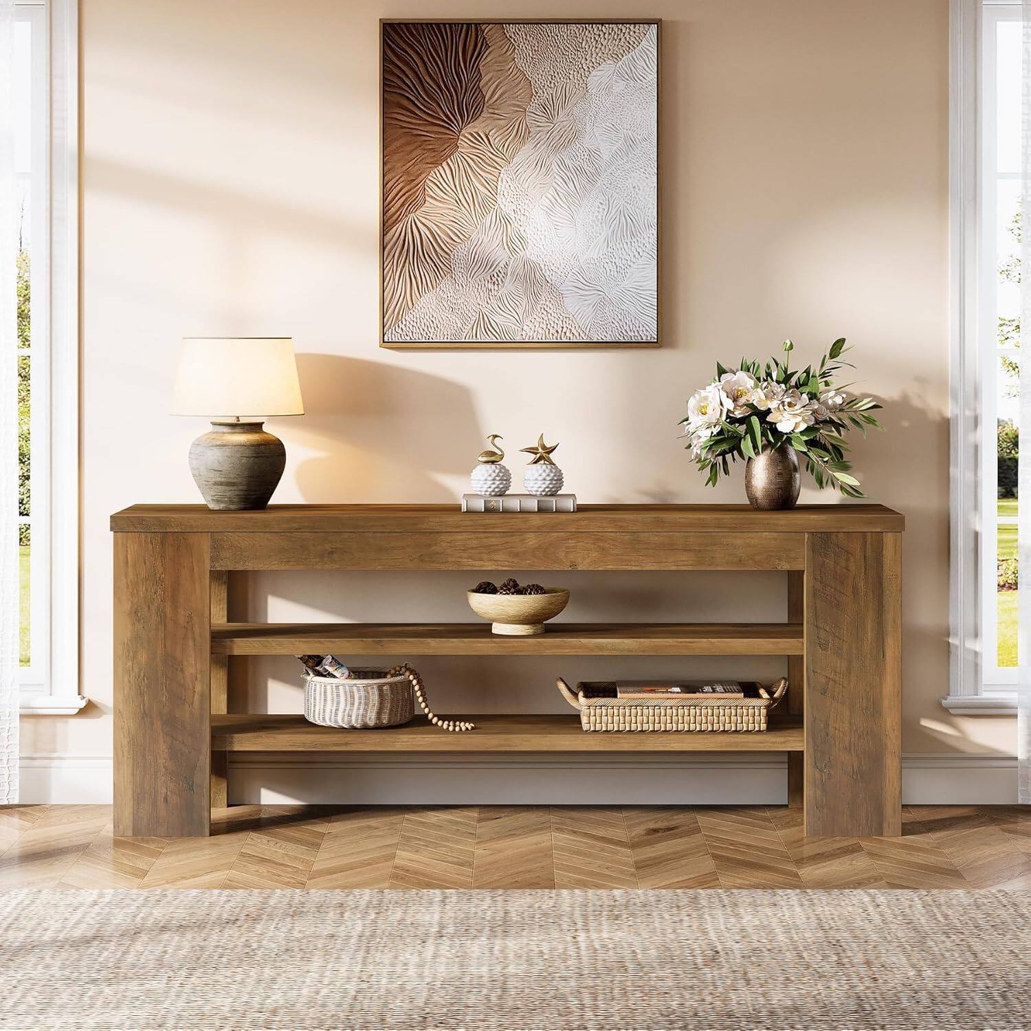 Alt View 3. Tribesigns - 47" TV Stand for TVs up to 55 Inches, Farmhouse Entertainment Center with 3-Tier Open Storage Shelves, Media Console Cab - Brown.