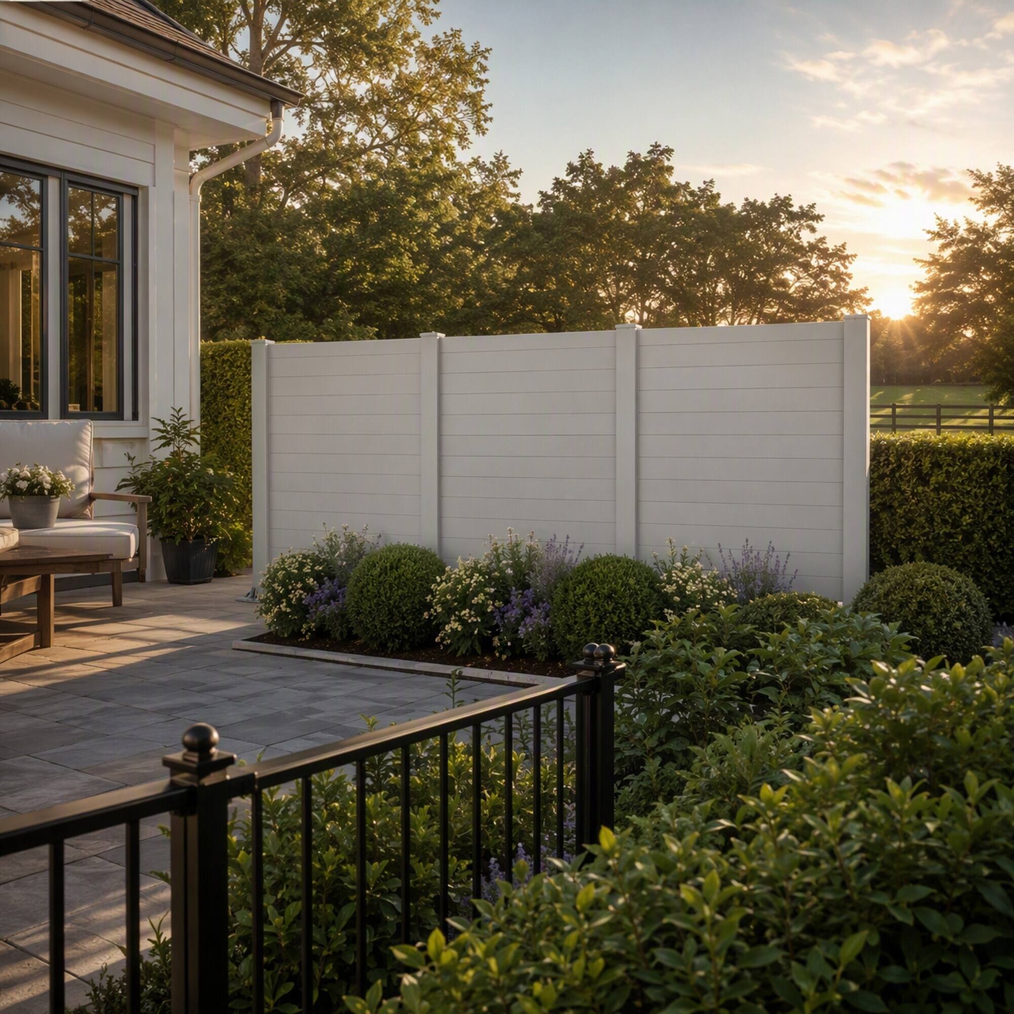 Back. RYHNUYNE - 50" W x 49" H Outdoor Privacy Screen for Air Conditioner, All-Weather Vinyl Fence with Aluminum Posts, 4 Panels - White.