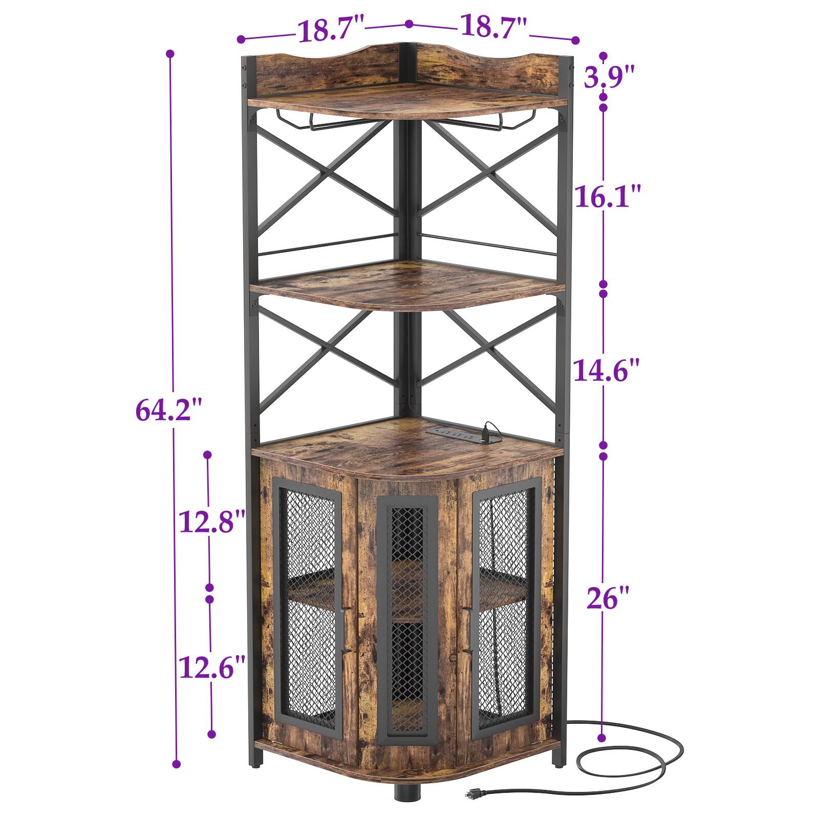 - Width: 18.7"
- Depth: 18.7"
- Height: 64.2"
- Shelf 1: 16.1" from top
- Shelf 2: 14.6" from top
- Shelf 3: 3.9" from top
- Bottom Cabinet: 12.8" from bottom
- Bottom Cabinet Depth: 12.6"
- Overall Depth: 26"