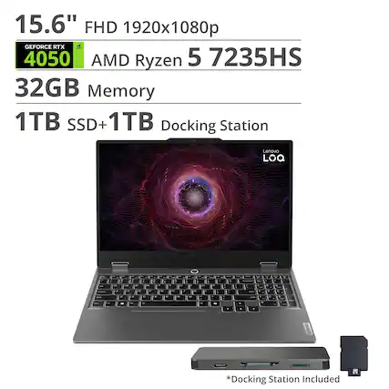 15.6" FHD 1920x1080p
GEFORCE RTX 4050
AMD Ryzen 5 7235HS
32GB Memory
1TB SSD + 1TB Docking Station
Lenovo LOQ
*Docking Station Included