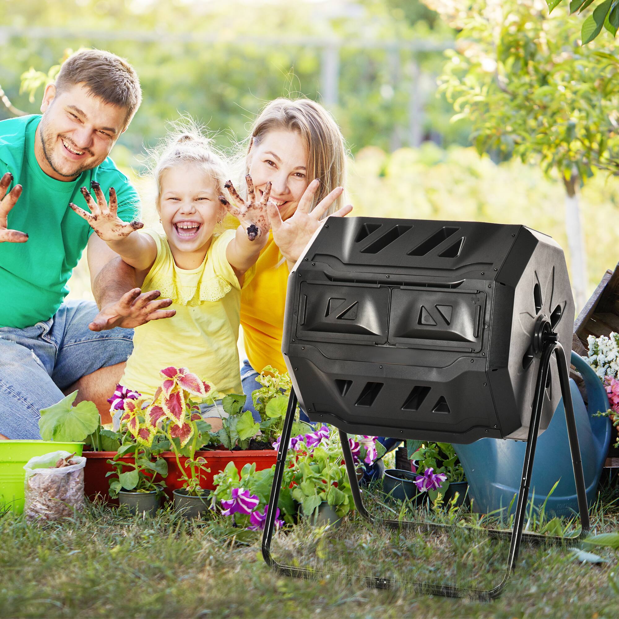 Alt View 1. Outsunny - Tumbling Compost Bin Outdoor 360° Dual Chamber Rotating Composter 43 Gallon - Black.